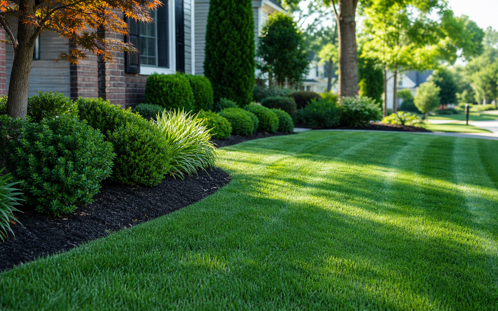 Freshly mowed front lawn with trimmed beds and shrubs